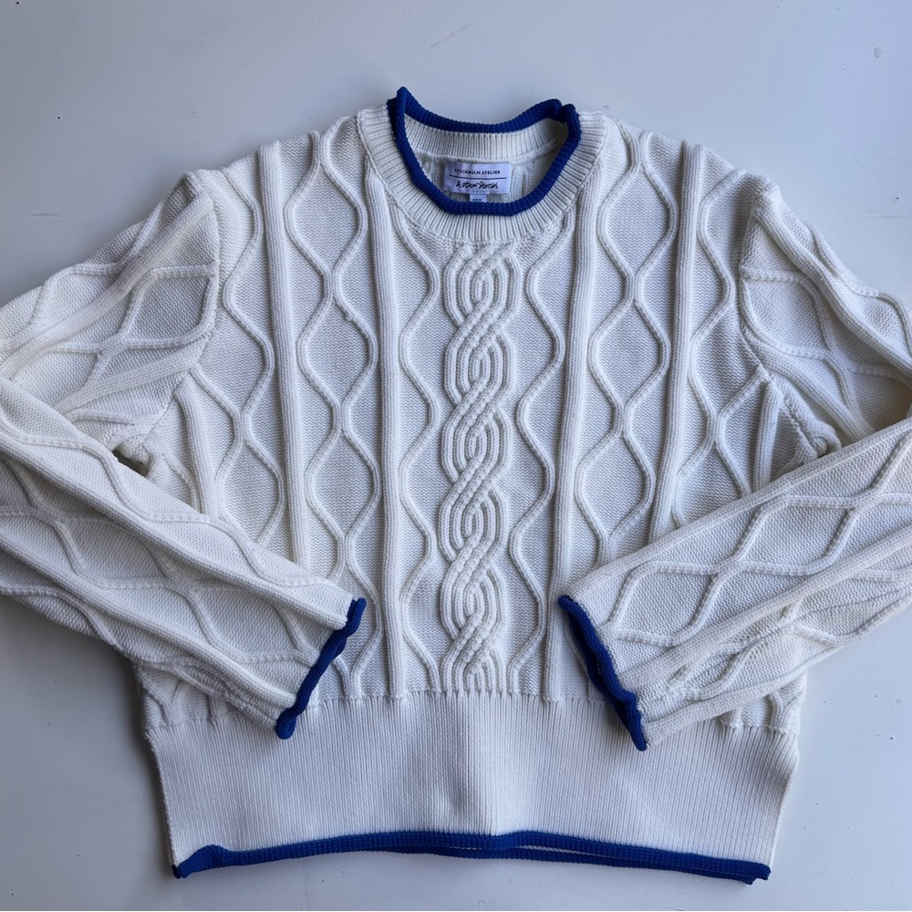 & Other Stories White and Blue Crew Neck Sweater